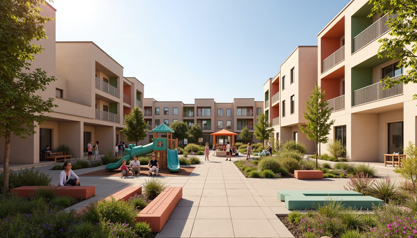 Prompt: Vibrant community center, warm beige walls, soft sage accents, earthy brown roofs, playful turquoise playground equipment, lively coral-colored benches, natural wood textures, urban cityscape, sunny afternoon, gentle warm lighting, shallow depth of field, 3/4 composition, panoramic view, realistic materials, ambient occlusion.