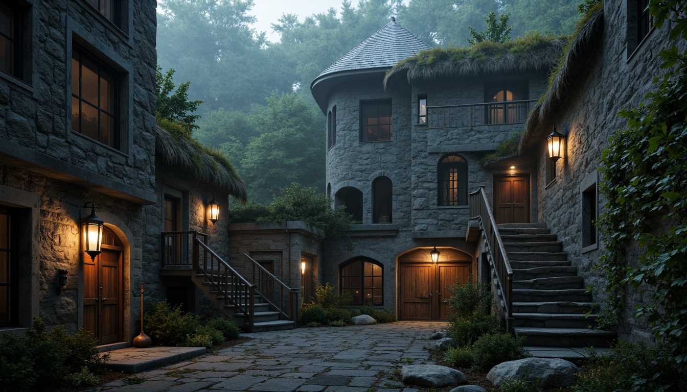 Prompt: Twilight watchtower, rugged stone walls, winding staircases, lantern-like windows, medieval-inspired architecture, fortification details, weathered wooden doors, rusty metal hinges, moss-covered roofs, overgrown vegetation, misty atmosphere, soft warm lighting, dramatic shadows, 3/4 composition, atmospheric perspective, realistic textures, ambient occlusion.