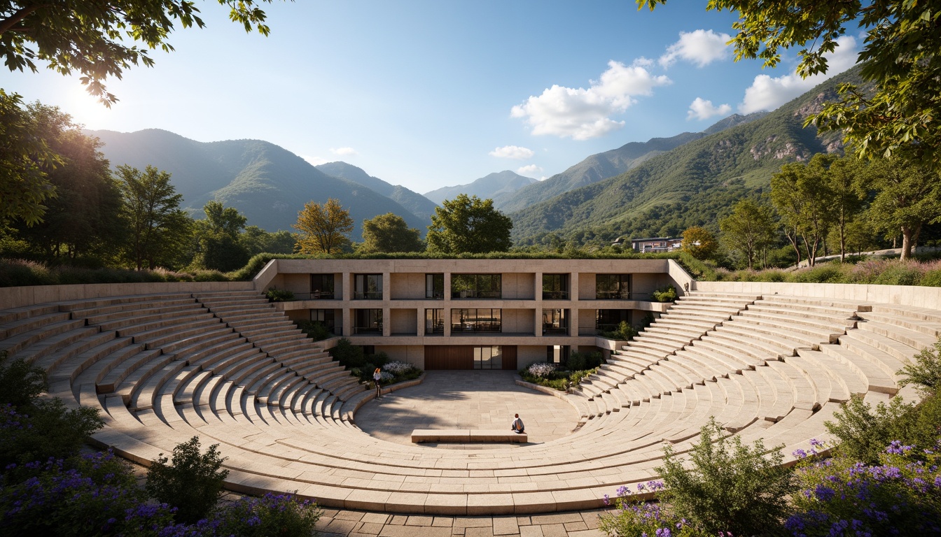 Prompt: Grand amphitheater, tiered seating, open-air performance space, natural ventilation system, breathable facade, louvered walls, clerestory windows, high ceilings, exposed ductwork, rustic stone flooring, lush greenery, surrounding hills, mountainous backdrop, clear blue sky, warm sunny day, soft diffused lighting, shallow depth of field, 3/4 composition, panoramic view, realistic textures, ambient occlusion.