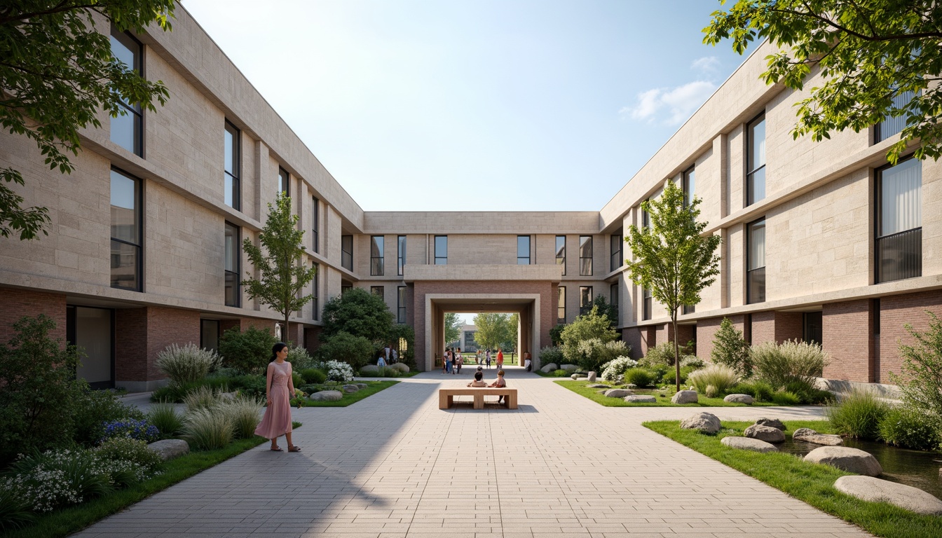 Prompt: Modern hospital building, symmetrical facade, calming entrance, natural stone walls, glass atrium, minimalist interior design, soothing color palette, healing gardens, serene water features, gentle curves, harmonious proportions, balanced composition, calm atmosphere, soft diffused lighting, shallow depth of field, 1/1 composition, realistic textures, ambient occlusion.