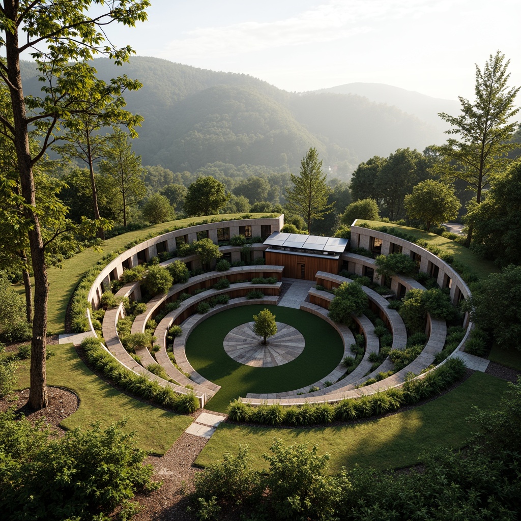 Prompt: Amphitheater-shaped building, green roof, lush vegetation, natural stone walls, reclaimed wood benches, rainwater harvesting systems, solar panels, wind turbines, sustainable materials, eco-friendly design, minimal carbon footprint, organic curves, harmonious integration with surrounding landscape, rolling hills, serene forest surroundings, misty morning atmosphere, soft warm lighting, shallow depth of field, 3/4 composition, panoramic view, realistic textures, ambient occlusion.