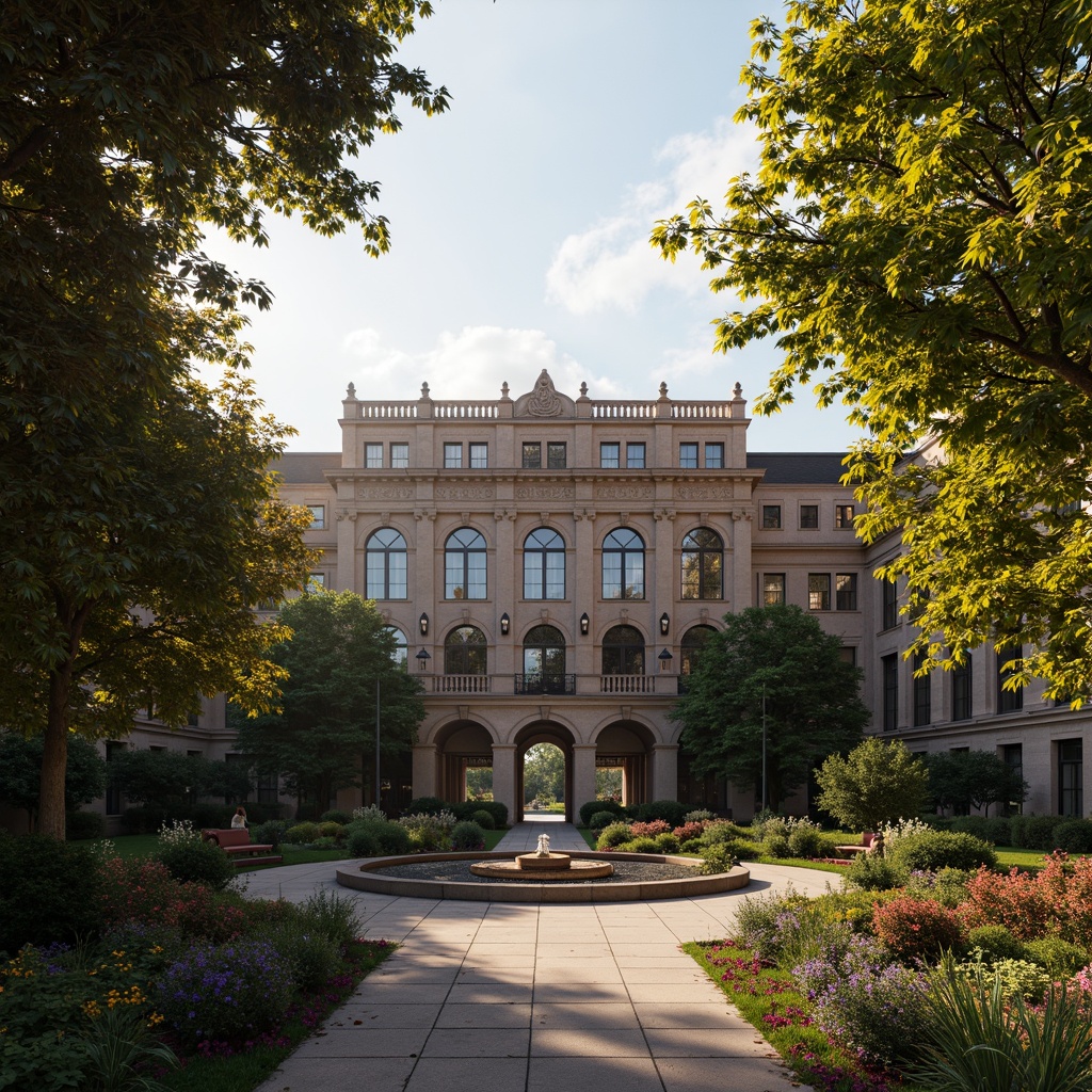 Prompt: Grandiose university buildings, renaissance architectural style, ornate stone carvings, majestic entrance archways, symmetrical gardens, lush greenery, vibrant flower beds, tranquil fountains, walking paths, rustic stone benches, lantern-style lighting, soft warm evening glow, shallow depth of field, 1/1 composition, realistic textures, ambient occlusion.