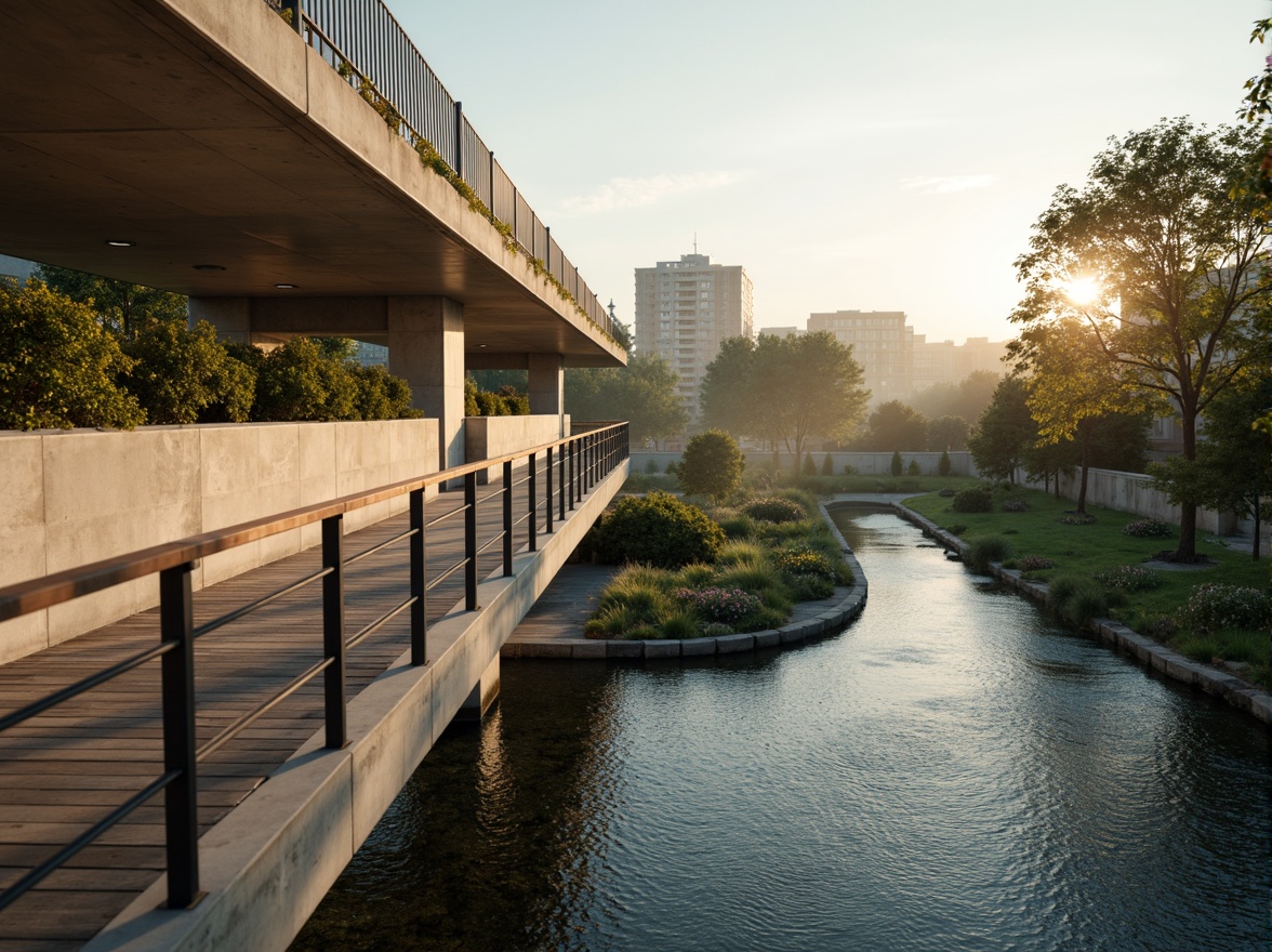 Prompt: Sleek bridge structure, gentle river flow, soft misty atmosphere, warm beige concrete, rustic wooden railings, vibrant greenery surroundings, calming blue water reflections, subtle silver accents, modern minimalist design, clean lines, urban cityscape background, dramatic sunset lighting, high contrast ratio, shallow depth of field, 2/3 composition, cinematic view, realistic textures, ambient occlusion.