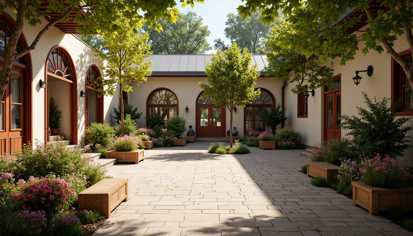 Prompt: Whimsical kindergarten courtyard, vibrant flower-filled planters, curly Art Nouveau ironwork, ornate wooden doors, stained glass windows, colorful mosaic floors, playful sculptures, winding stone pathways, lush greenery, blooming trees, sunny day, soft warm lighting, shallow depth of field, 3/4 composition, panoramic view, realistic textures, ambient occlusion.