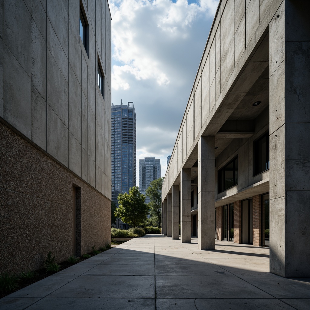 Prompt: Industrial concrete exterior, brutalist architecture, rugged textured surfaces, exposed aggregate, poured-in-place walls, minimalist interior, polished concrete floors, rough-hewn stone accents, metallic beam structures, urban cityscape background, moody cloudy sky, dramatic spotlighting, high-contrast shading, 1/2 composition, cinematic atmosphere, realistic material responses.