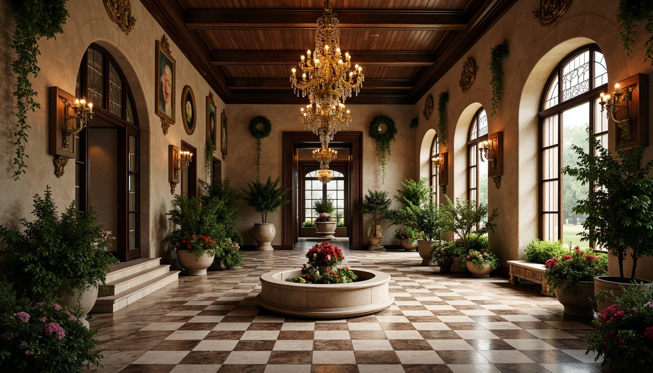 Prompt: Ornate Renaissance-style mansion, grand high ceilings, lavish chandeliers, marble floors, ornamental fountains, lush greenery, exotic plants, flower-filled urns, intricate stone carvings, wooden paneling, stained glass windows, soft warm lighting, shallow depth of field, 1/2 composition, intimate close-up shots, realistic textures, ambient occlusion.