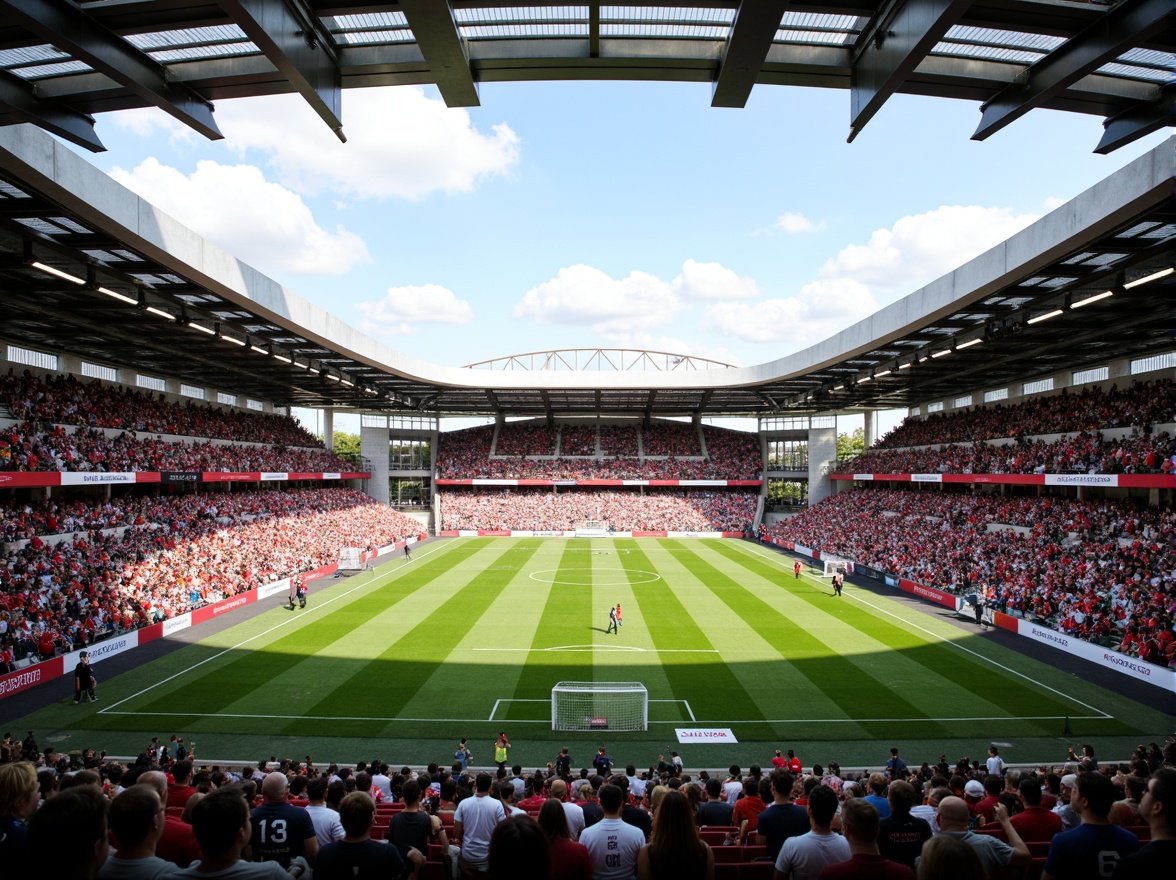 Prompt: Tiered seating, vibrant team colors, cheering crowd, rectangular stadium shape, green grass field, white goalposts, modern architecture, sleek metal framework, cantilevered roofs, angular lines, dramatic lighting, sunny day, shallow depth of field, 3/4 composition, panoramic view, realistic textures, ambient occlusion.