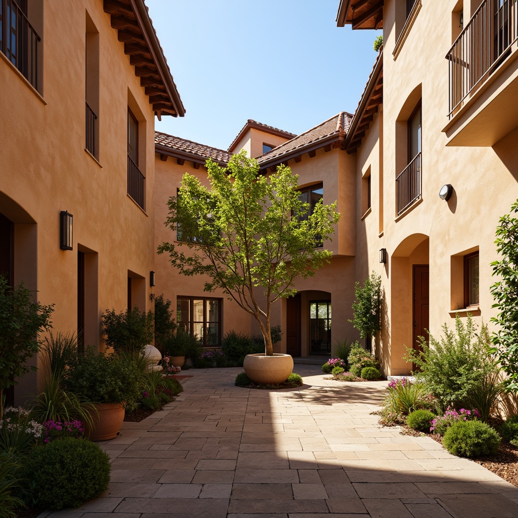 Prompt: Warm sienna-toned buildings, earthy terracotta rooftops, rustic stone walls, Mediterranean-inspired architecture, sun-kissed courtyards, vibrant greenery, ornate ironwork, wooden shutters, warm beige stucco, curved archways, soft golden lighting, shallow depth of field, 3/4 composition, panoramic view, realistic textures, ambient occlusion.