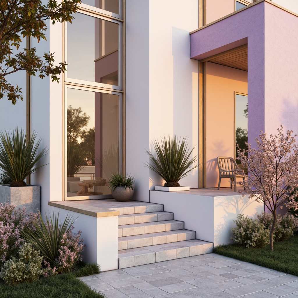 Prompt: Pastel lilac accents, soft peach tones, creamy whites, warm beige stones, modern minimalist architecture, sleek glass facades, subtle gradient effects, gentle ombre transitions, lilac-hued metal frames, blooming floral patterns, lush greenery surroundings, natural wood textures, ambient warm lighting, shallow depth of field, 3/4 composition, realistic renderings.