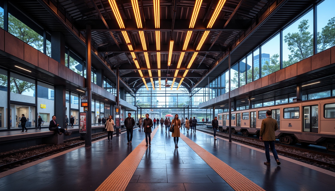 Prompt: Modern train station, sleek metal beams, LED light strips, warm ambient glow, dynamic ceiling installations, vibrant color schemes, futuristic architecture, large windows, natural stone flooring, urban cityscape, busy commuter atmosphere, soft focus lighting, shallow depth of field, 3/4 composition, panoramic view, realistic textures, ambient occlusion.