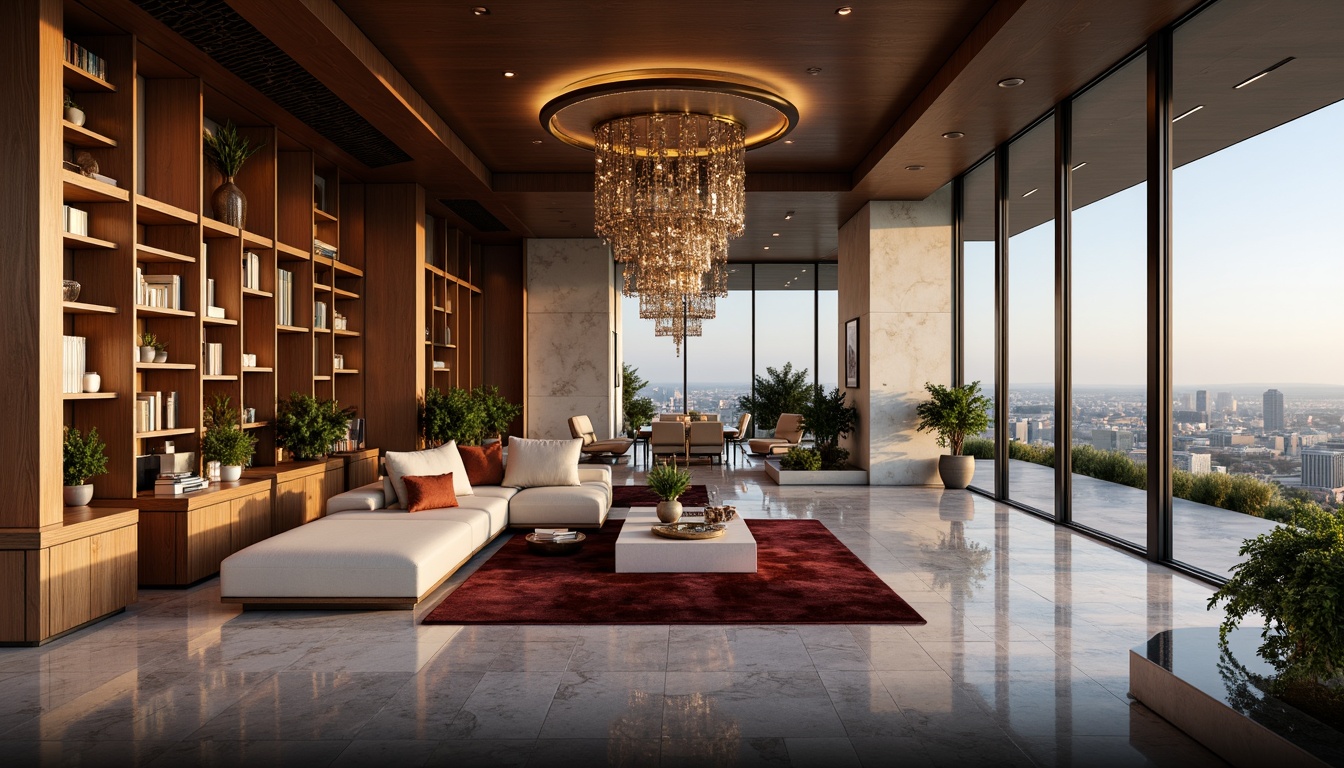 Prompt: Luxurious penthouse, lavish furnishings, rich wood textures, polished marble floors, sleek metal accents, lavish velvet fabrics, opulent crystal chandeliers, panoramic city views, modern minimalist architecture, floor-to-ceiling windows, sliding glass doors, cozy reading nooks, plush area rugs, ambient warm lighting, shallow depth of field, 1/1 composition, realistic reflections, detailed normal maps.