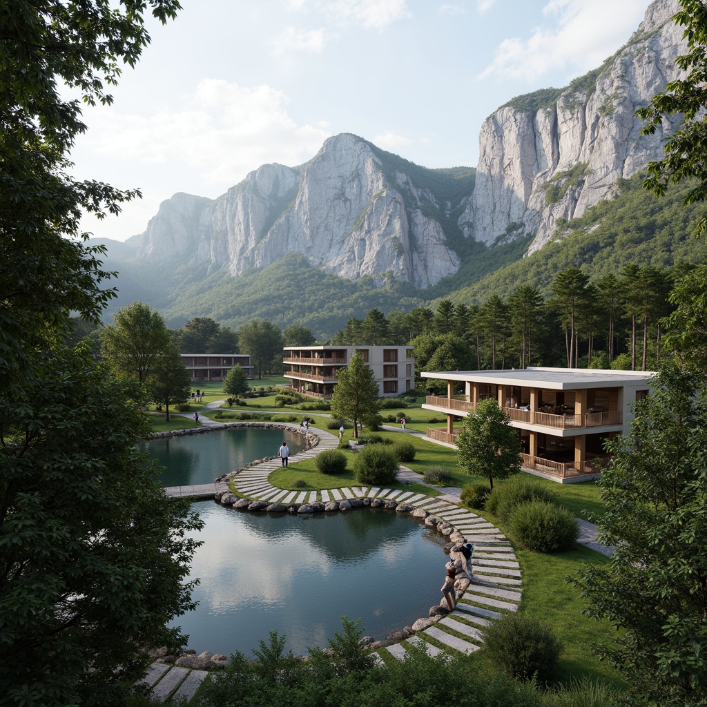 Prompt: Panoramic mountain range, lush green forests, serene lakeside, winding stone pathways, rustic wooden bridges, modern architectural structures, cantilevered roofs, floor-to-ceiling glass windows, minimalist interior design, natural ventilation systems, organic building materials, earthy color palette, warm ambient lighting, shallow depth of field, 2/3 composition, symmetrical balance, realistic textures, subtle animations.