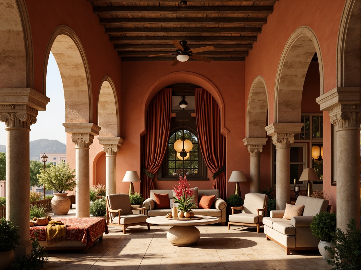 Prompt: Warm earthy tones, rich terracotta walls, creamy stone columns, ornate archways, grand vaulted ceilings, luxurious velvet fabrics, intricate mosaic patterns, golden accents, warm bronze lighting, rustic wooden beams, natural limestone floors, soft diffused daylight, ambient candlelight, cozy intimate spaces, 1/1 composition, realistic textures, subtle shadows.