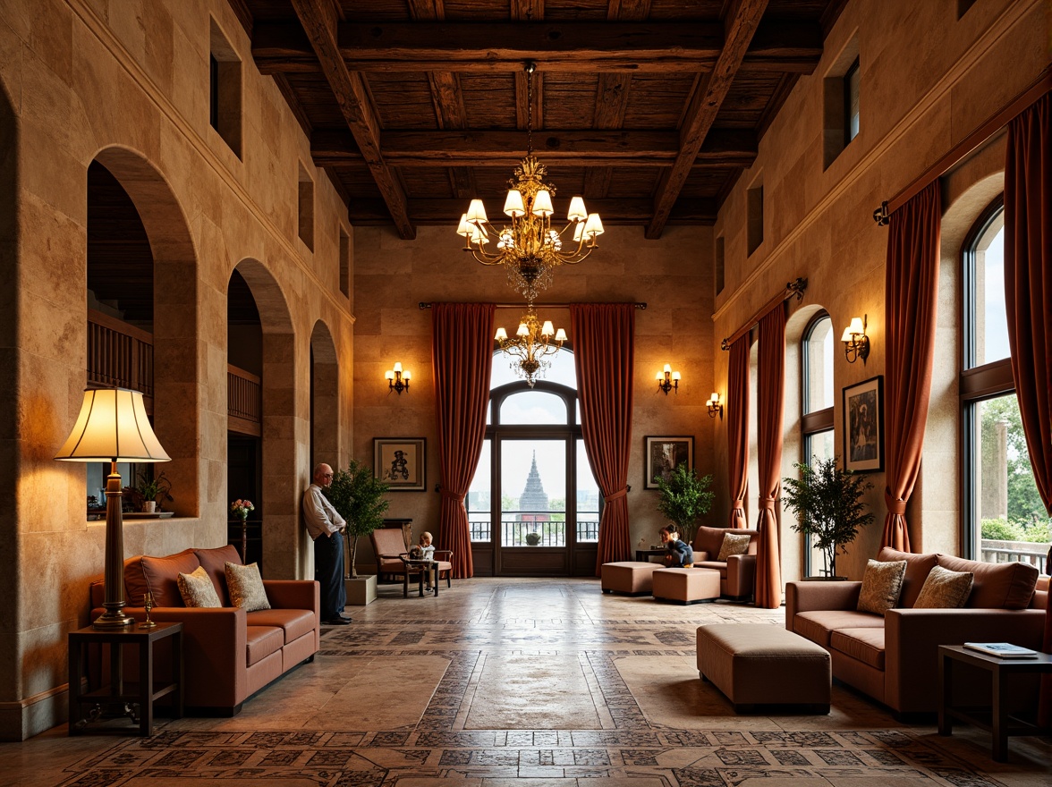 Prompt: Rustic hotel lobby, warm earthy tones, textured stone walls, ornate wooden ceiling, grand chandeliers, luxurious furnishings, velvet drapes, intricate mosaic flooring, Romanesque arches, thick columns, decorative cornices, ornamental carvings, lavish gold accents, soft warm lighting, shallow depth of field, 1/1 composition, realistic textures, ambient occlusion.