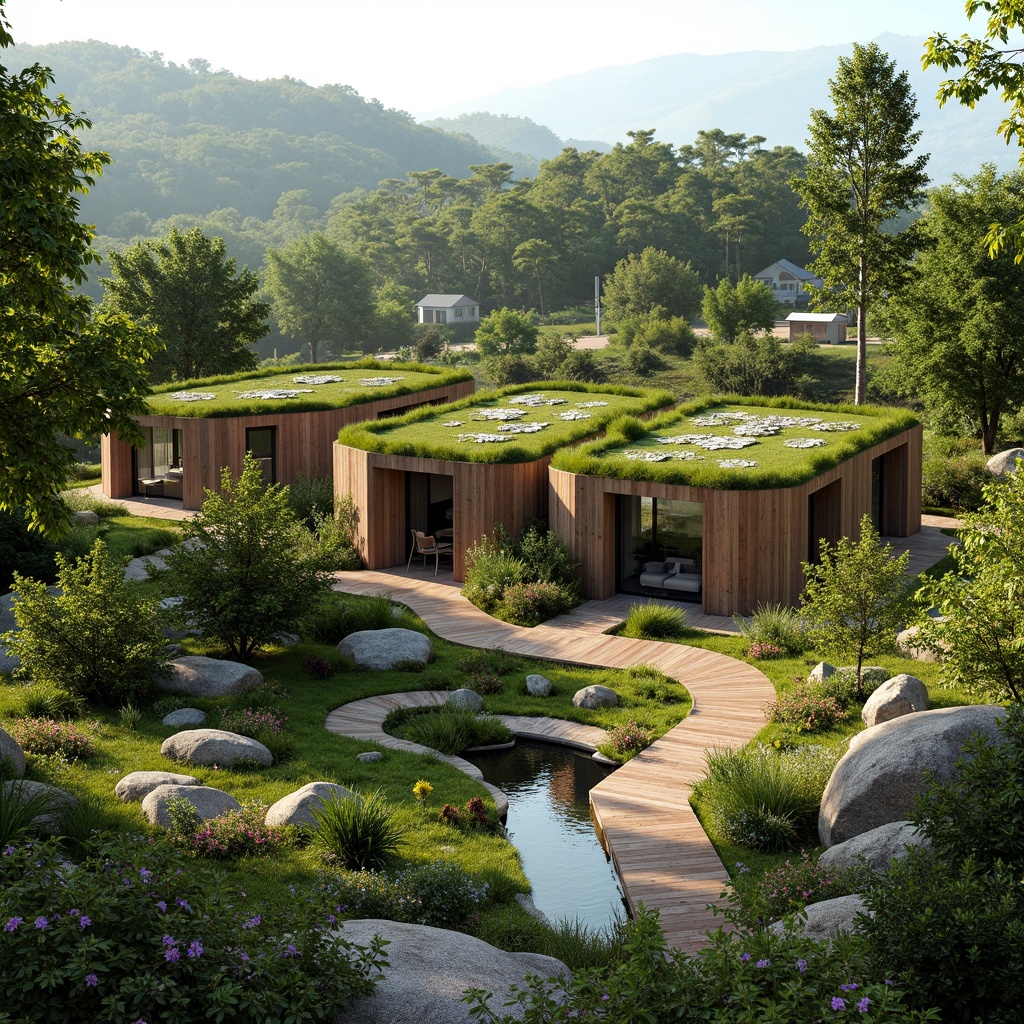 Prompt: Sustainable eco-houses, lush green roofs, verdant walls, natural stone foundations, wooden decks, serene water features, blooming gardens, meandering pathways, organic farm-to-table systems, solar panels, wind turbines, green energy harvesting, recycled materials, minimalist design, curved lines, earthy tones, warm ambient lighting, shallow depth of field, 3/4 composition, panoramic view, realistic textures, ambient occlusion.