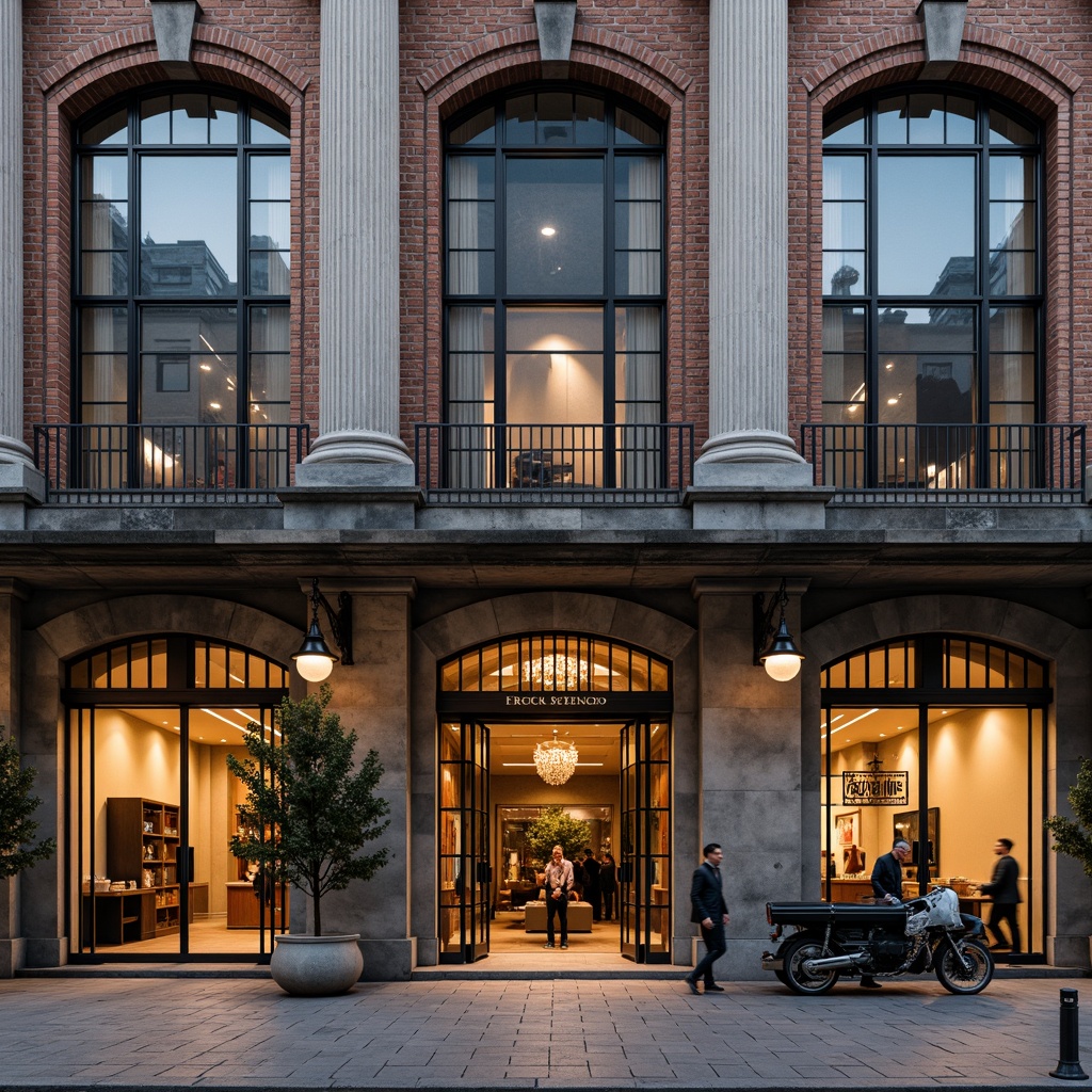 Prompt: Rustic industrial facade, neoclassical columns, ornate metal details, symmetrical composition, grand entrance, imposing stone walls, large windows with divided lights, classical pediments, decorative cornices, rustic brickwork, industrial-style signage, vintage machinery, metallic accents, earthy color palette, warm natural lighting, shallow depth of field, 2/3 composition, realistic textures, ambient occlusion.