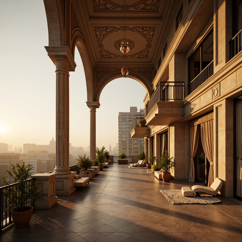 Prompt: Luxurious penthouse, ornate facade, grandiose entrance, sweeping archways, intricate stonework, elegant balconies, lavish ornamentation, soft golden lighting, warm beige tones, rich wood accents, opulent chandeliers, velvety drapes, panoramic city views, misty dawn atmosphere, cinematic composition, shallow depth of field, 1/1 aspect ratio, romantic ambiance, whimsical details, lavish materials, Art Deco influences.