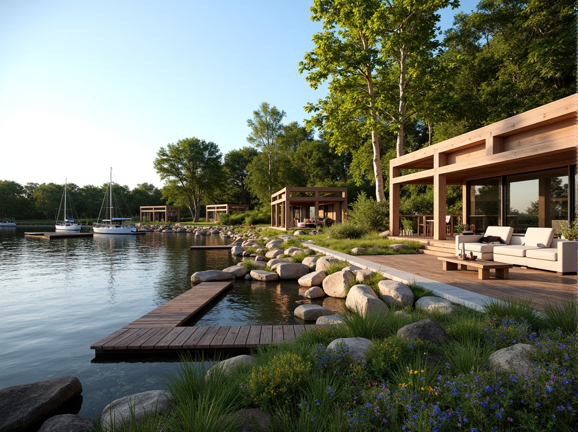 Prompt: Serene lakefront, lush greenery, rustic wooden docks, tranquil water reflections, sailboats and kayaks, natural stone retaining walls, native plants and flowers, meandering pathways, outdoor seating areas, modern lake house architecture, large windows with lake views, glass railings, wooden accents, warm lighting, shallow depth of field, 3/4 composition, panoramic view, realistic textures, ambient occlusion.