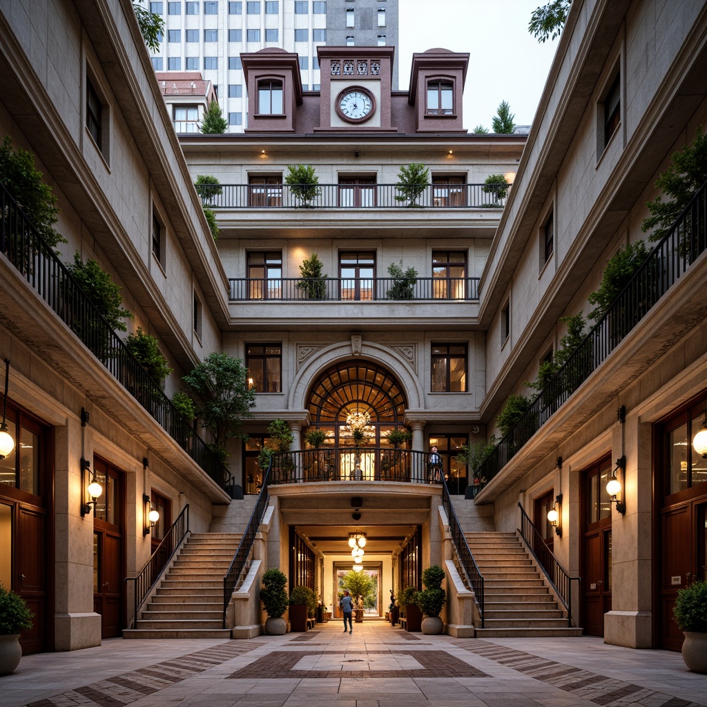 Prompt: Grand courthouse entrance, ornate metal doors, polished bronze hardware, symmetrical stone columns, carved geometric patterns, stylized floral motifs, chevron-shaped brickwork, zigzag balcony railings, tiered rooftop design, stepped silhouettes, grand staircases, ornamental metal grilles, lavish chandeliers, rich wood paneling, vintage clock towers, majestic sculptures, urban cityscape background, warm golden lighting, high-contrast shading, detailed textures, 1/1 composition, dramatic focal point.