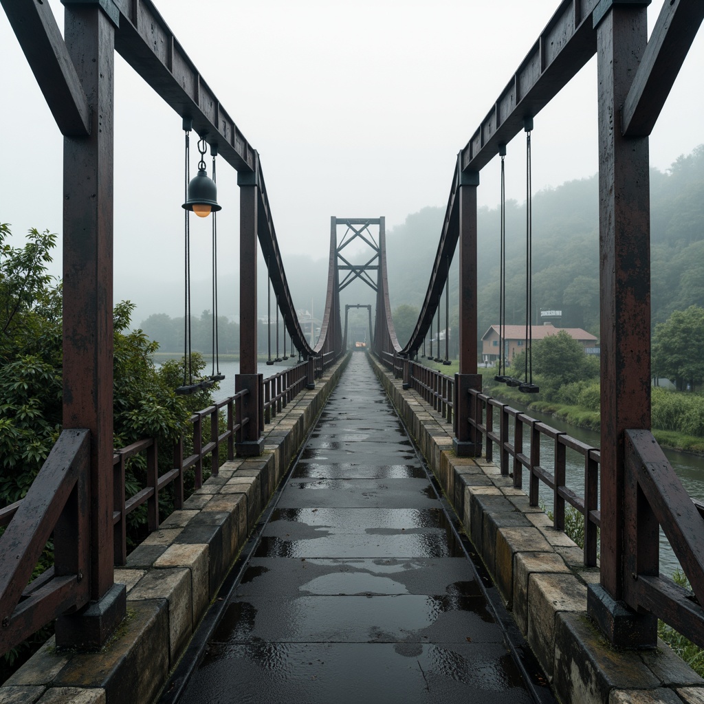 Prompt: Rustic steel bridges, weathered concrete piers, rough-hewn stone abutments, suspension cables, angular metal beams, riveted connections, industrial-style lamps, worn wooden railings, foggy atmospheric conditions, misty river valleys, serene natural surroundings, soft warm lighting, shallow depth of field, 3/4 composition, realistic textures, ambient occlusion.