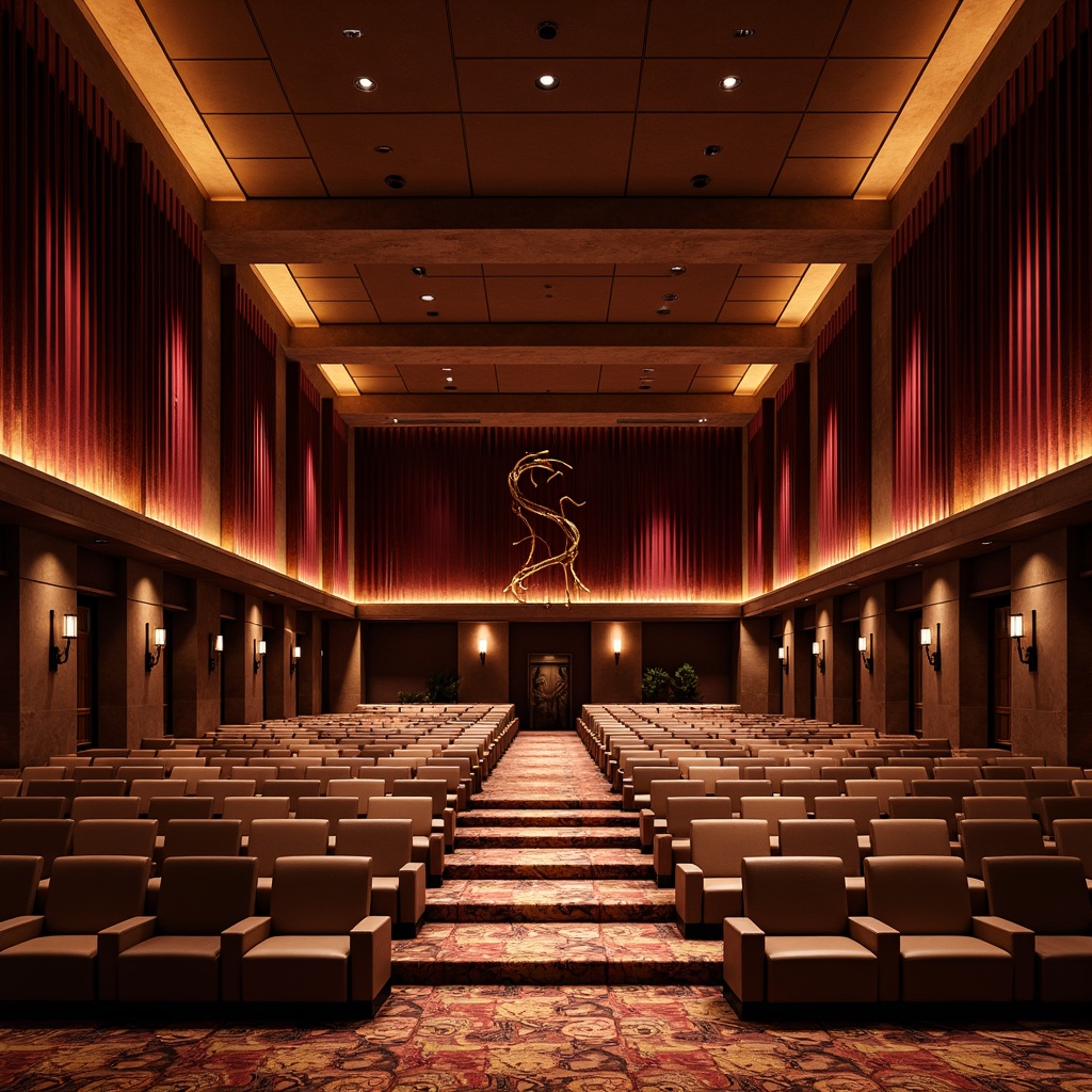 Prompt: Luxurious auditorium interior, rich wood paneling, velvet curtains, soft carpet flooring, premium leather seating, intricate stonework, polished marble columns, elegant bronze accents, sophisticated soundproofing, modern LED lighting, warm ambient glow, subtle gradient textures, detailed fabric patterns, realistic material reflections, shallow depth of field, 2/3 composition, cinematic perspective, dramatic spotlights.