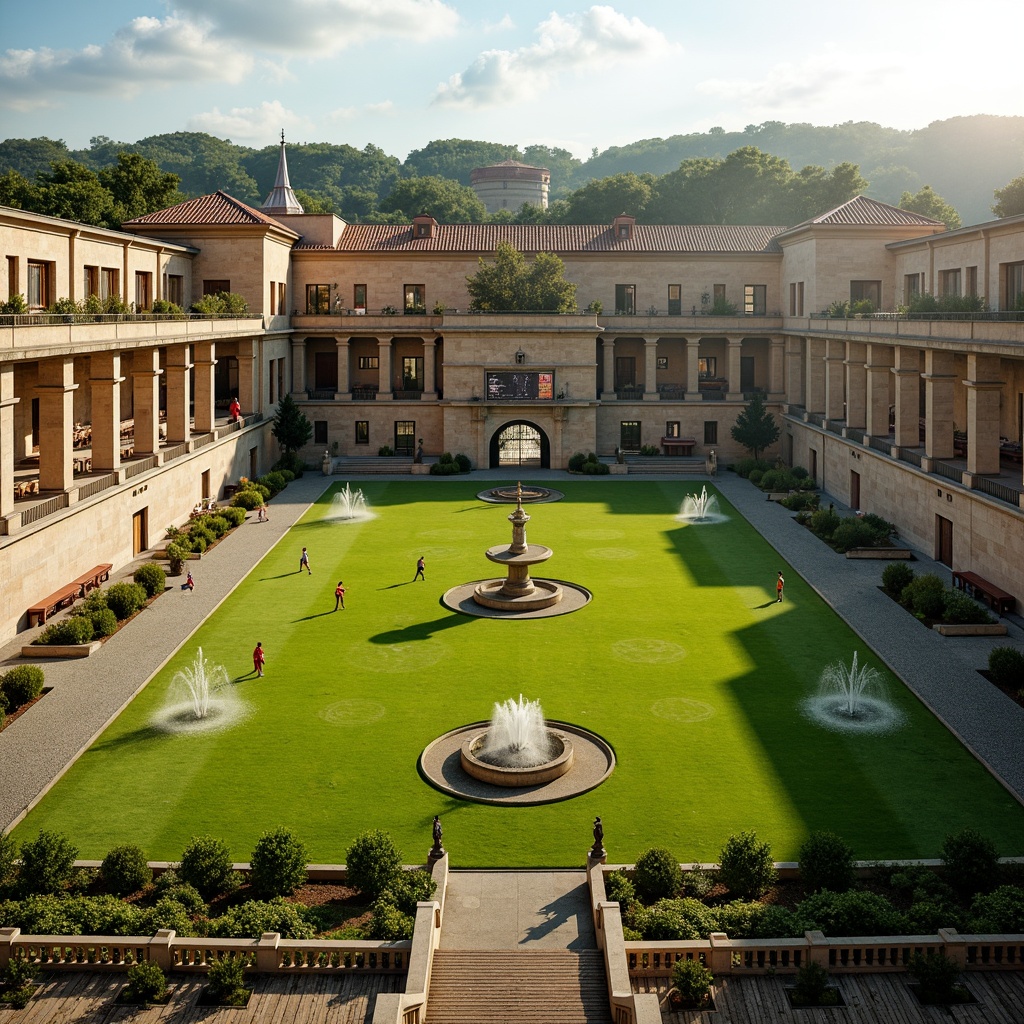 Prompt: Symmetrical sports field, lush green grass, ornate stone fountains, grandstand seating, classical Renaissance architecture, Tuscan columns, terracotta roofs, arched windows, ornate metal gates, vintage scoreboard, rustic wooden benches, athletes in motion, warm sunlight, soft shadows, shallow depth of field, 2/3 composition, panoramic view, realistic textures, ambient occlusion.