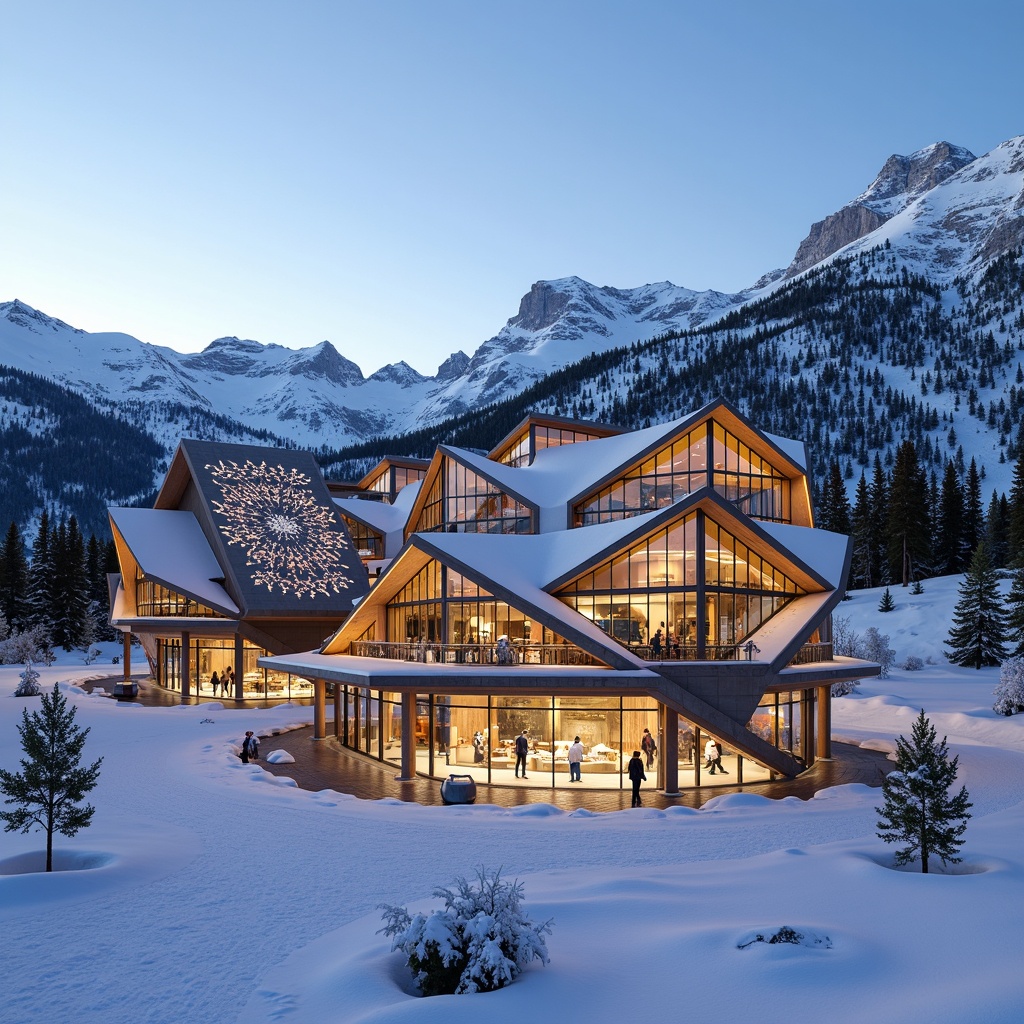 Prompt: Snow-capped mountains, frosty morning air, modern ski center, futuristic facade design, angular lines, metallic materials, LED light installations, dynamic patterns, kinetic architecture, cantilevered roofs, glass atriums, wooden accents, rustic textures, snowflake-inspired motifs, vibrant winter colors, icy blue hues, warm golden lighting, shallow depth of field, 3/4 composition, panoramic view, realistic reflections, ambient occlusion.