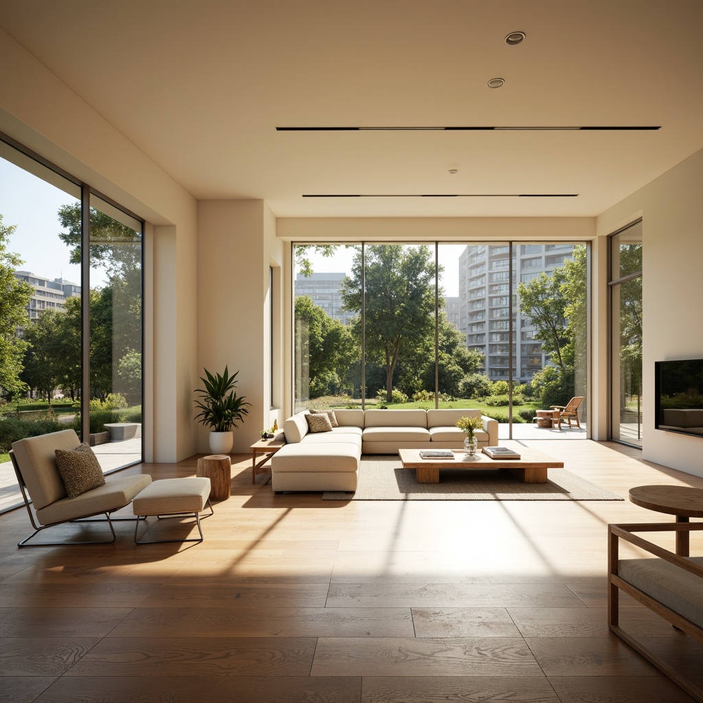 Prompt: Minimalist interior design, open floor plan, spacious living area, natural light pouring in, airy atmosphere, sleek modern furniture, polished wooden floors, cream-colored walls, large windows, sliding glass doors, greenery views, urban cityscape outside, warm afternoon sunlight, soft shadows, shallow depth of field, 1/1 composition, panoramic view, realistic textures, ambient occlusion.