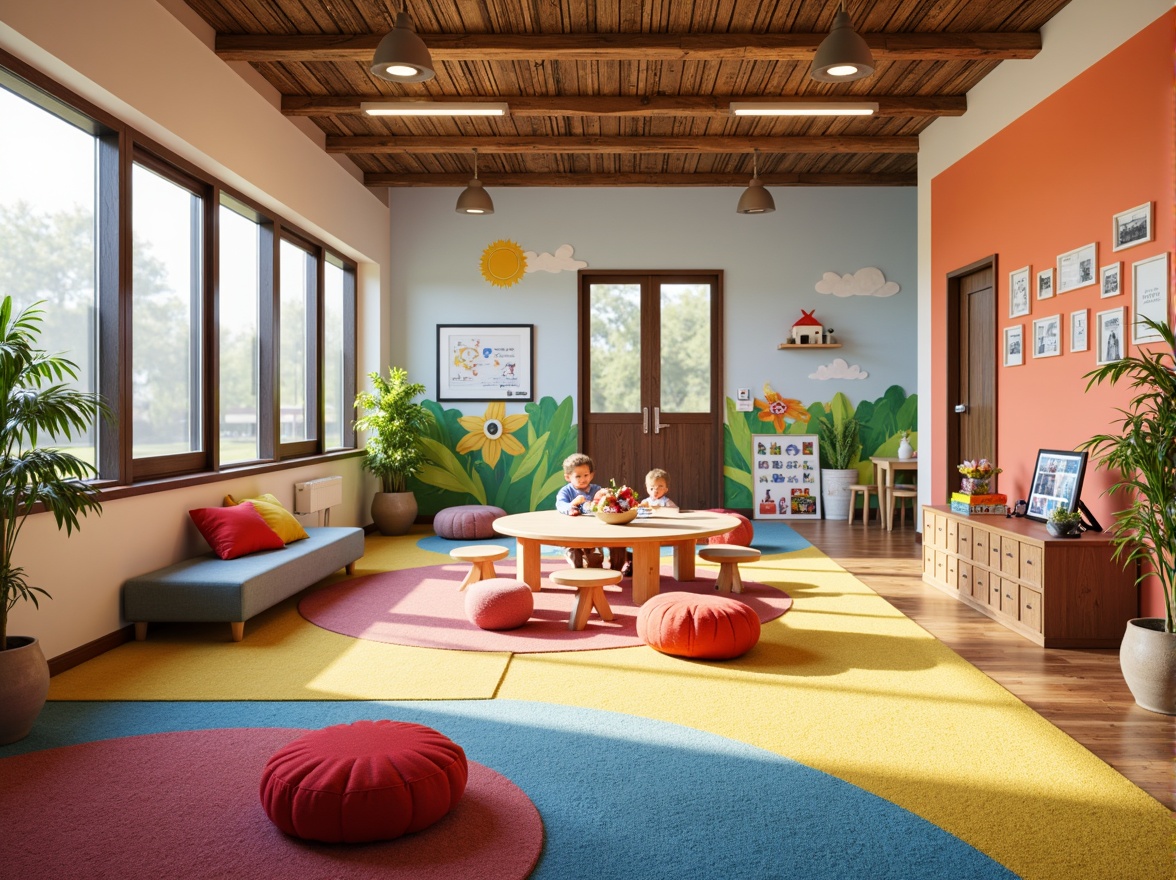 Prompt: Vibrant kindergarten, playful color scheme, whimsical murals, cozy reading nooks, soft plush carpets, modern minimalist furniture, circular tables, ergonomic chairs, educational displays, interactive whiteboards, natural wood accents, abundant daylight, warm LED lighting, shallow depth of field, 1/2 composition, intimate atmosphere, realistic textures, ambient occlusion.