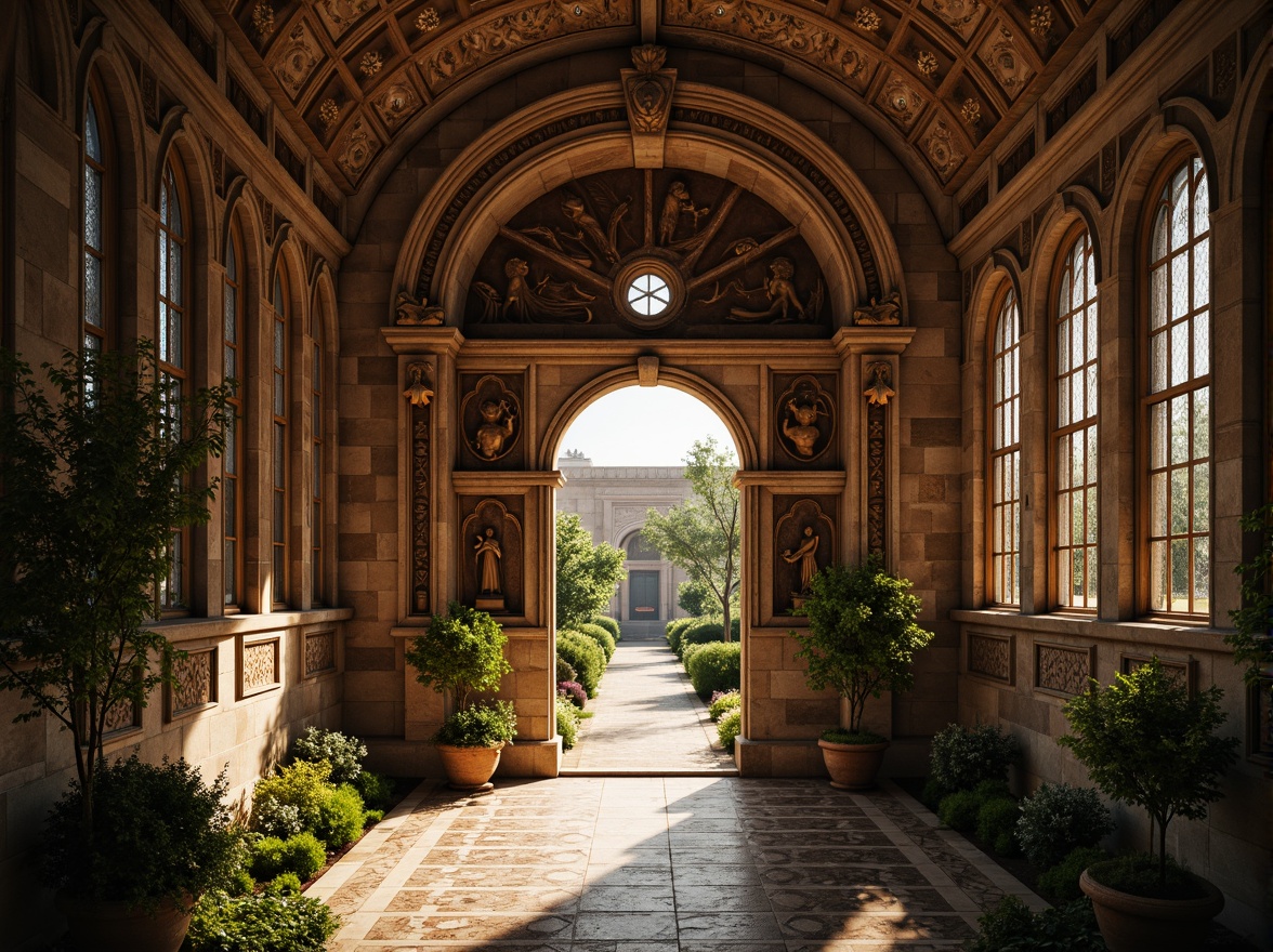 Prompt: Ancient Romanesque archway, rustic stone walls, ornate carvings, grand entrance, vaulted ceilings, ribbed arches, stained glass windows, intricate mosaics, weathered statues, lush greenery, mystical ambiance, warm golden lighting, shallow depth of field, 1/2 composition, symmetrical framing, realistic textures, ambient occlusion.