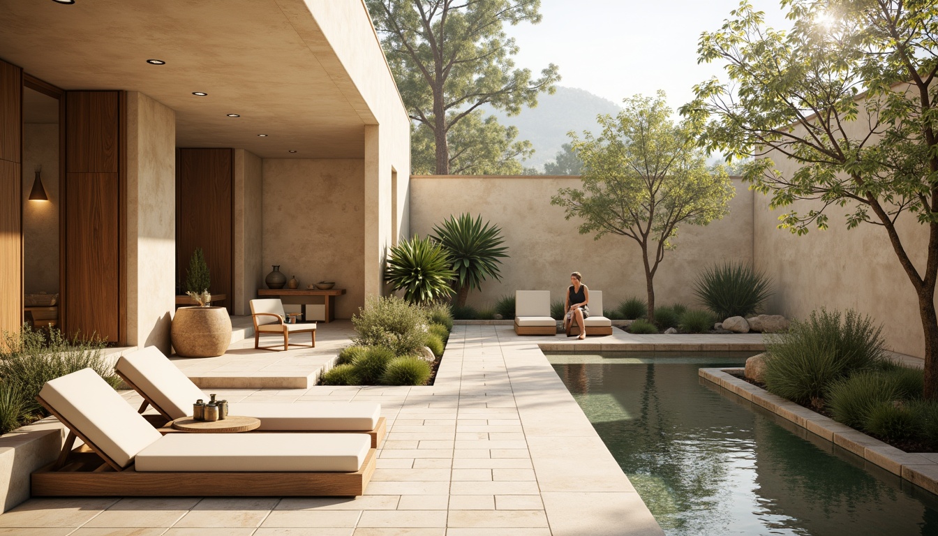 Prompt: Earthy tones, natural materials, warm beige walls, rustic wooden accents, soft sage greenery, muted terracotta roofs, creamy marble floors, subtle stone textures, calming water features, serene outdoor spaces, gentle misty atmosphere, warm golden lighting, shallow depth of field, 2/3 composition, realistic renderings, ambient occlusion.