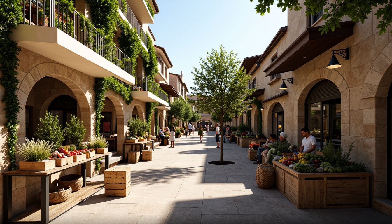 Prompt: Rustic market square, Romanesque buildings, stone facades, ornate archways, vibrant flower markets, fresh produce stalls, wooden crates, wicker baskets, hanging lanterns, green roofs, lush vines, natural stonework, earthy tones, warm sunny day, soft diffused lighting, shallow depth of field, 2/3 composition, atmospheric perspective, realistic textures, ambient occlusion.