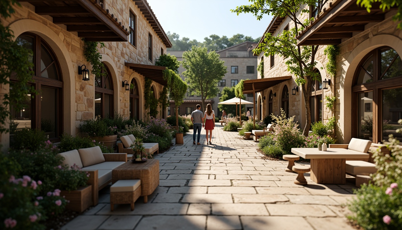 Prompt: Rustic market buildings, Romanesque architecture, earthy tones, stone walls, arched windows, green roofs, lush vegetation, blooming flowers, vibrant vines, wooden beams, natural stone flooring, cozy outdoor seating, warm lantern lighting, soft misting systems, shallow depth of field, 3/4 composition, panoramic view, realistic textures, ambient occlusion.