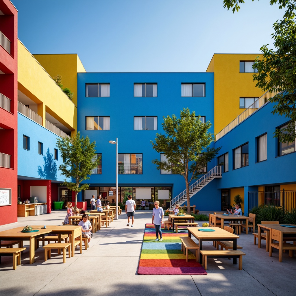 Prompt: Vibrant elementary school building, bold geometric shapes, primary color scheme, bright blue walls, yellow accents, red doors, white window frames, modernist architecture, clean lines, minimal ornamentation, functional design, collaborative learning spaces, wooden desks, ergonomic chairs, natural light, open classrooms, interactive whiteboards, colorful rugs, playful murals, abstract art pieces, industrial-style lighting fixtures, metal railings, urban landscape surroundings, sunny day, high contrast photography, shallow depth of field, 1/1 composition.