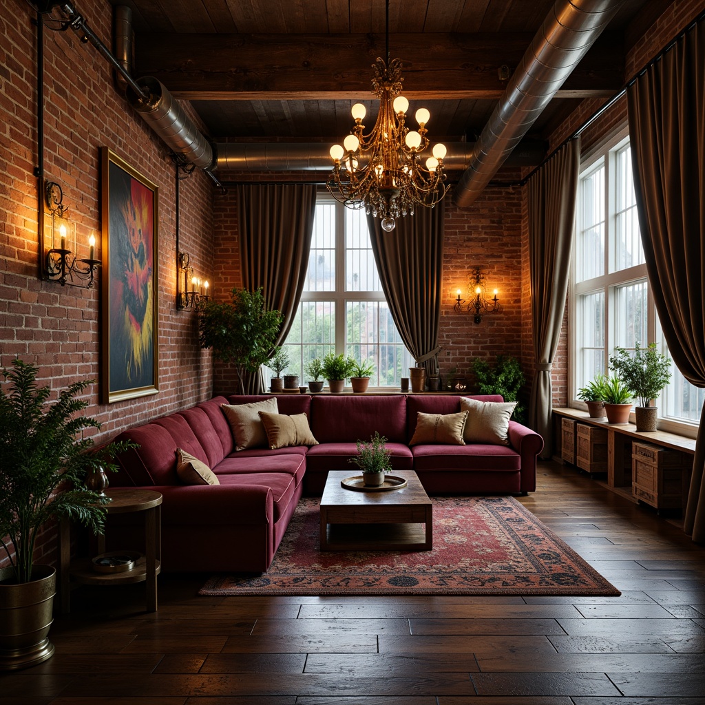 Prompt: Exposed brick walls, distressed wood flooring, metal beams, industrial pipes, reclaimed wooden crates, vintage factory lights, romantic chandeliers, soft warm lighting, cozy textiles, plush area rugs, luxurious velvet sofas, ornate metal accents, antique decorative items, rustic wooden tables, eclectic art pieces, moody color palette, rich fabrics, dramatic curtains, intimate atmosphere, 1/1 composition, shallow depth of field, warm golden lighting.