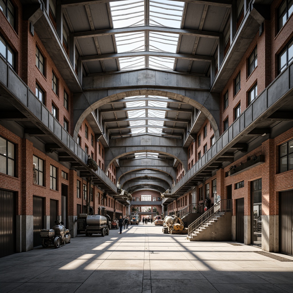 Prompt: Industrial factory building, neoclassical facade design, symmetrical composition, grand entrance, ornate columns, rusticated stone walls, arched windows, metal roof trusses, brick cladding, industrial chic aesthetic, exposed ductwork, functional pipe systems, modern machinery, concrete floors, high ceilings, natural light pouring in, softbox lighting, 1/2 composition, realistic textures, ambient occlusion.