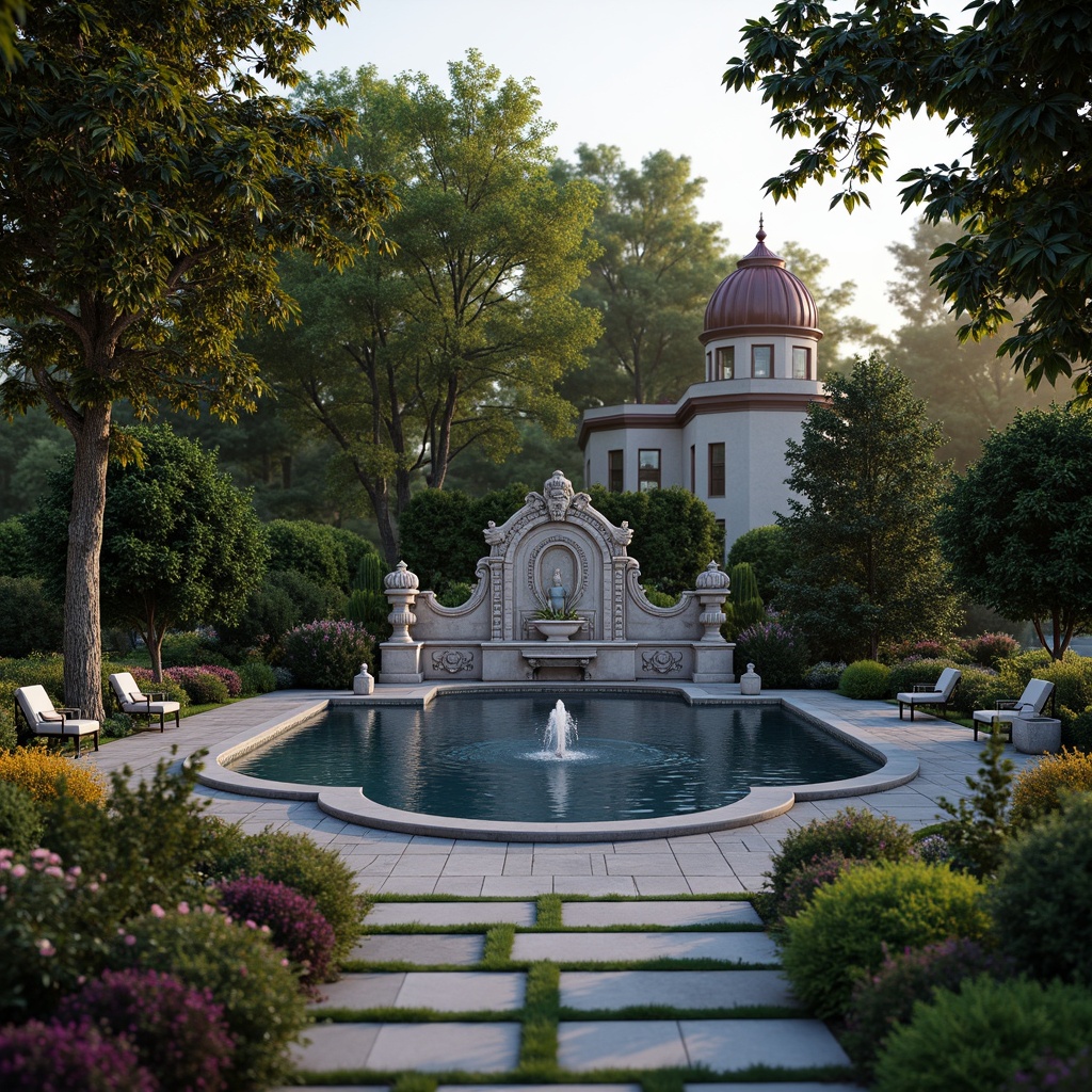 Prompt: Ornate Baroque pool, intricate stone carvings, grand fountain features, lush greenery surroundings, vibrant flowers arrangements, ornamental shrubs, natural rock formations, meandering walkways, rustic stone paving, tranquil water reflections, soft warm lighting, shallow depth of field, 1/2 composition, symmetrical framing, realistic textures, ambient occlusion, dramatic evening ambiance.