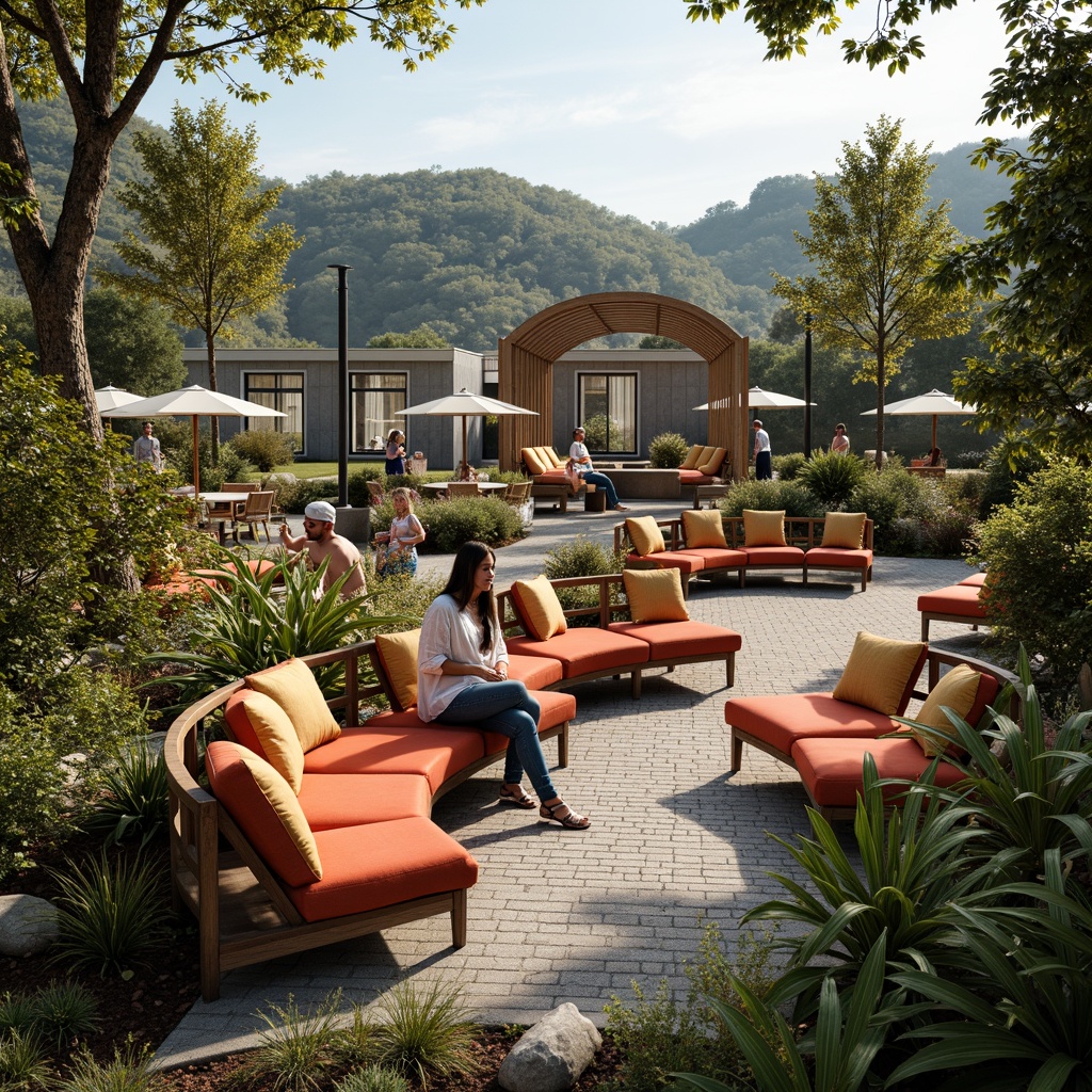 Prompt: Tiered seating, curved rows, comfortable cushions, vibrant color schemes, wooden or metal frames, open-air atmosphere, natural surroundings, lush greenery, scenic views, gentle slope, audience engagement, intimate setting, soft warm lighting, shallow depth of field, 3/4 composition, panoramic view, realistic textures, ambient occlusion.