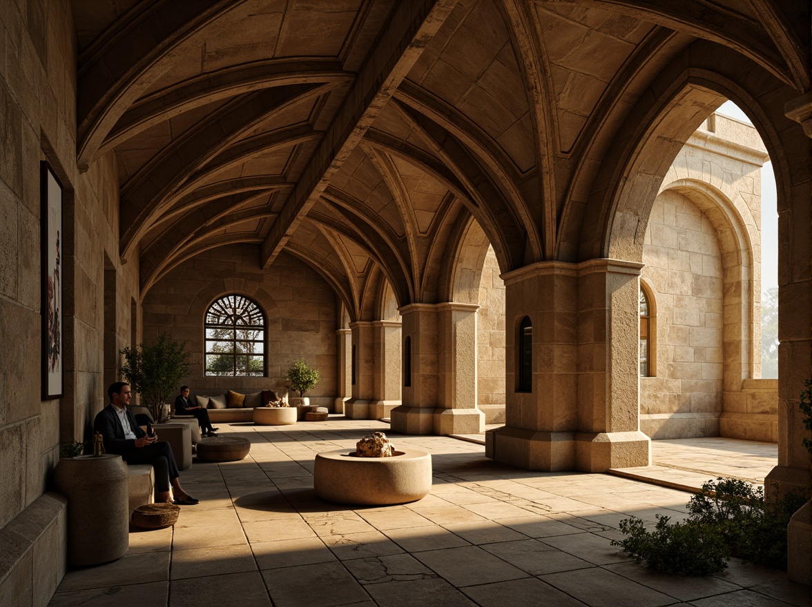 Prompt: Rustic stone walls, ornate carvings, weathered granite textures, medieval-inspired arches, grandiose vaulted ceilings, intricately patterned floors, warm golden lighting, soft shadows, atmospheric mist, 3/4 composition, cinematic view, realistic render, ambient occlusion.