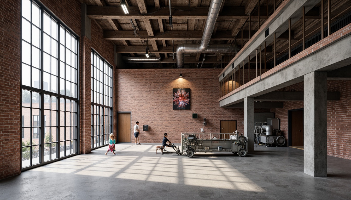 Prompt: Industrial factory building, exposed brick facade, large steel windows, repetitive grid pattern, metal frames, minimal ornamentation, functional design, natural ventilation, north-facing orientation, soft diffused lighting, high ceilings, open interior spaces, concrete floors, steel beams, mechanical equipment, industrial pipes, modern minimalist aesthetic, 3/4 composition, shallow depth of field, realistic textures, ambient occlusion.