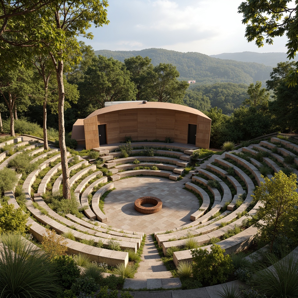 Prompt: Natural amphitheater landscape, grassy slopes, stone seating, wooden benches, tiered levels, open-air performance space, curved architecture, acoustic shell design, sound-reflecting surfaces, resonance-enhancing materials, wooden instrument-inspired elements, earthy color palette, warm afternoon lighting, soft shadows, subtle texture details, 1/2 composition, cinematic camera angles, realistic rendering, ambient occlusion.