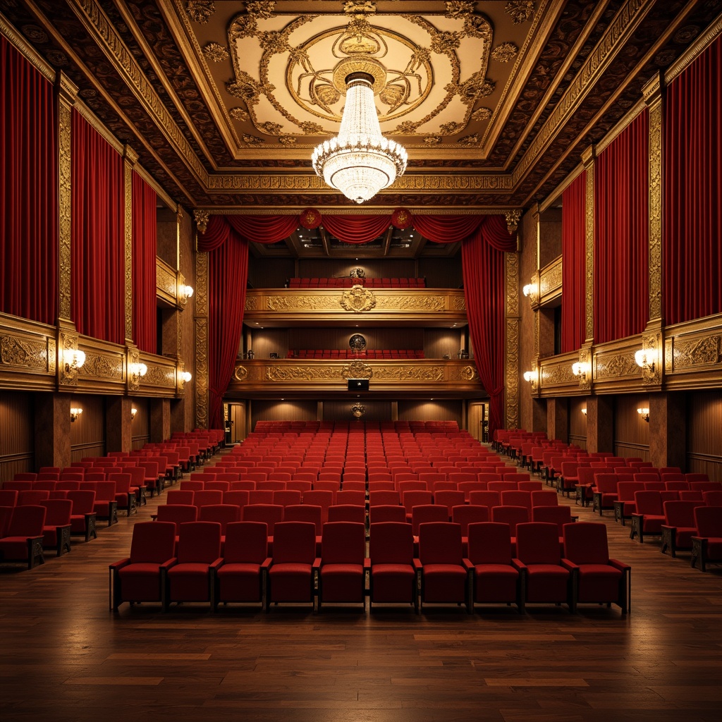 Prompt: Luxurious auditorium interior, rich velvet curtains, polished wooden floors, ornate golden balconies, plush red seats, intricate fresco ceilings, majestic crystal chandeliers, warm soft lighting, subtle ambient shadows, 1/1 composition, dramatic perspective view, realistic reflections, detailed textures, sophisticated acoustic design, soundproofing materials, premium fabric upholstery, metallic trim accents, elegant marble columns, grandeur architectural style, opulent decorative elements, refined classic details.