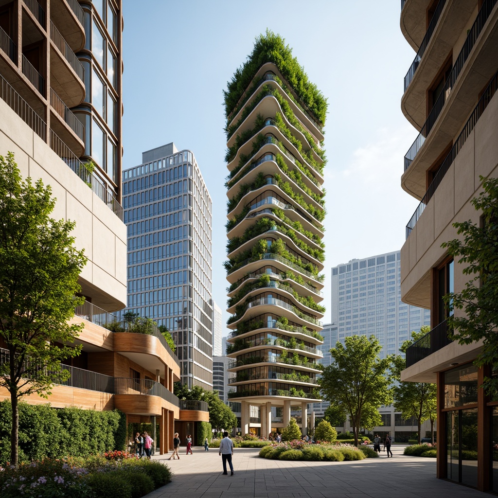 Prompt: Eco-friendly skyscraper, green roofs, solar panels, wind turbines, recycled glass facades, low-carbon concrete, FSC-certified wooden structures, bamboo flooring, energy-efficient LED lighting, organic-inspired curves, living walls, vertical gardens, natural ventilation systems, rainwater harvesting systems, grey water reuse, minimalist interior design, reclaimed wood accents, sustainable textile upholstery, earthy color palette, abundant natural light, soft warm ambiance, 3/4 composition, shallow depth of field, realistic textures.