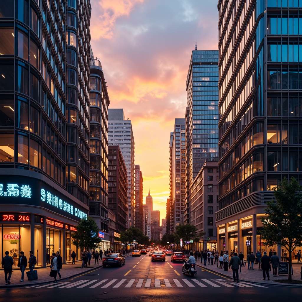 Prompt: Vibrant urban cityscape, modern skyscrapers, bold color contrasts, dynamic LED lighting, energetic pedestrian traffic, bustling streets, sleek glass facades, metallic accents, futuristic architecture, neon signage, radiant sunset, warm golden lighting, high-contrast composition, 1/2 perspective, dramatic shadows, rich textures, ambient occlusion.