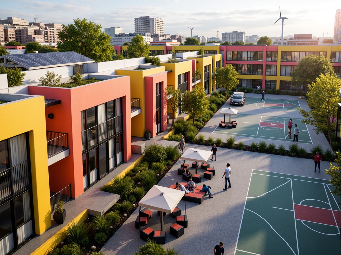 Prompt: Vibrant gymnasium social housing, bold color blocking, dynamic angular facades, large windows, sliding glass doors, cantilevered balconies, modern minimalist design, communal outdoor spaces, basketball courts, playground equipment, green roofs, solar panels, wind turbines, sustainable energy solutions, urban cityscape, afternoon sunlight, soft warm lighting, shallow depth of field, 3/4 composition, panoramic view, realistic textures, ambient occlusion.