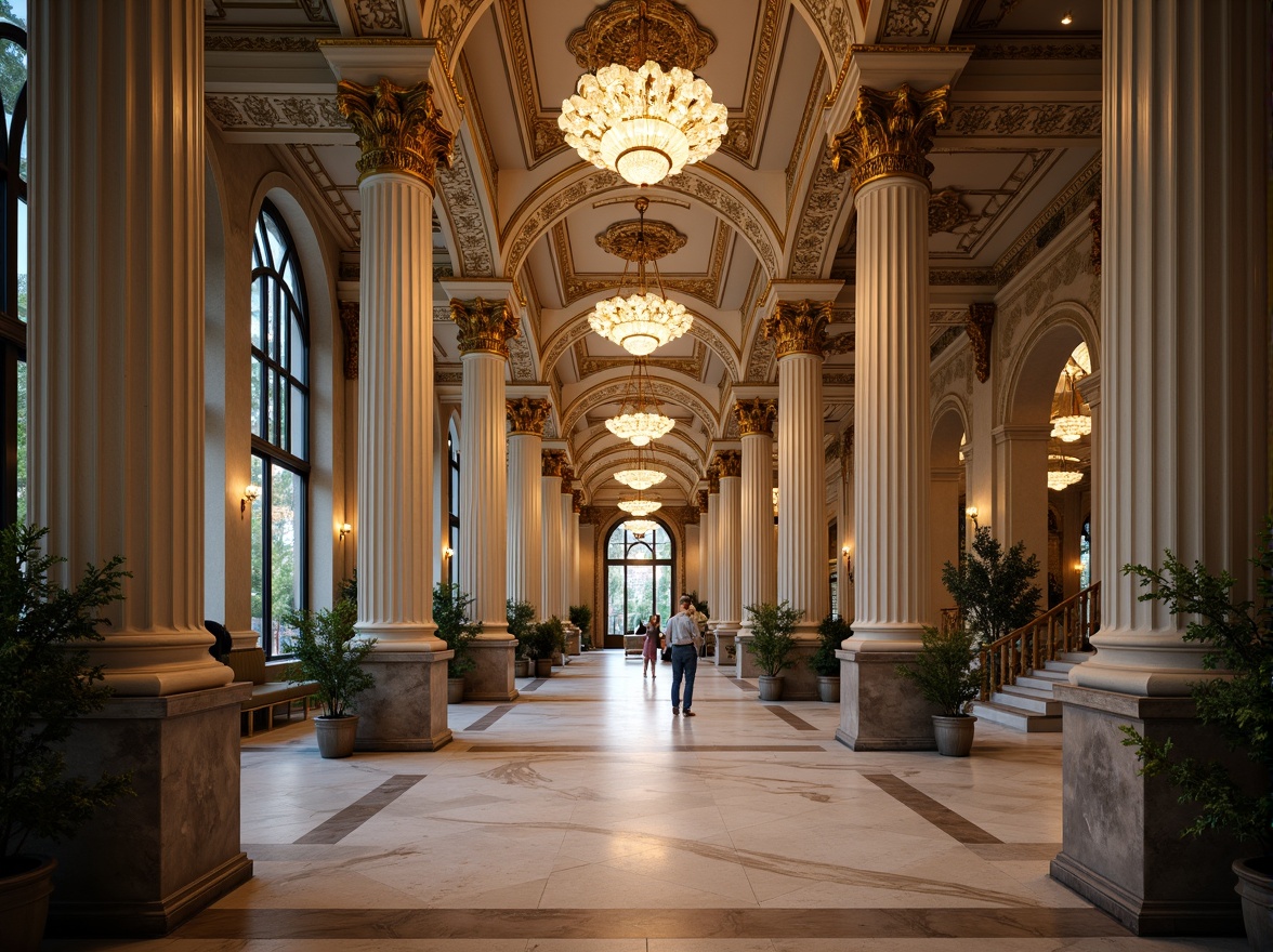 Prompt: Grand banking hall, ornate columns, Corinthian capitals, rusticated stone bases, polished marble floors, vaulted ceilings, sweeping arches, intricate moldings, gold-leaf accents, rich wood paneling, elegant chandeliers, subtle lighting, shallow depth of field, 1/2 composition, symmetrical framing, realistic textures, ambient occlusion.