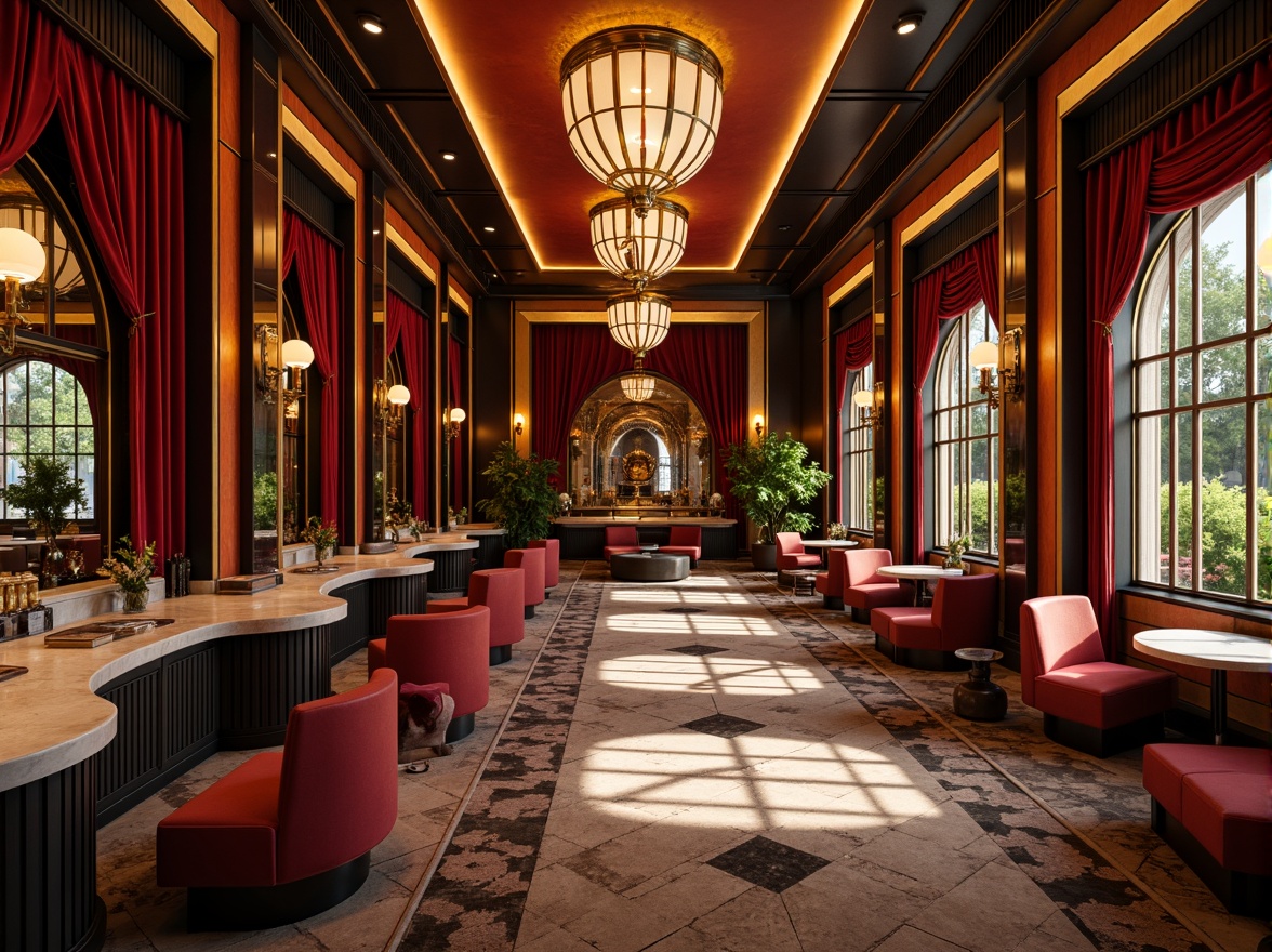 Prompt: Luxurious Art Deco interior, rich velvet fabrics, metallic accents, ornate mirrors, geometric patterns, bold color blocking, opulent gold leafing, lavish marble countertops, statement lighting fixtures, elegant curved lines, sophisticated 1920s glamour, soft warm glow, high-contrast shading, cinematic composition, ornate molding details, luxurious jewel-toned colors.