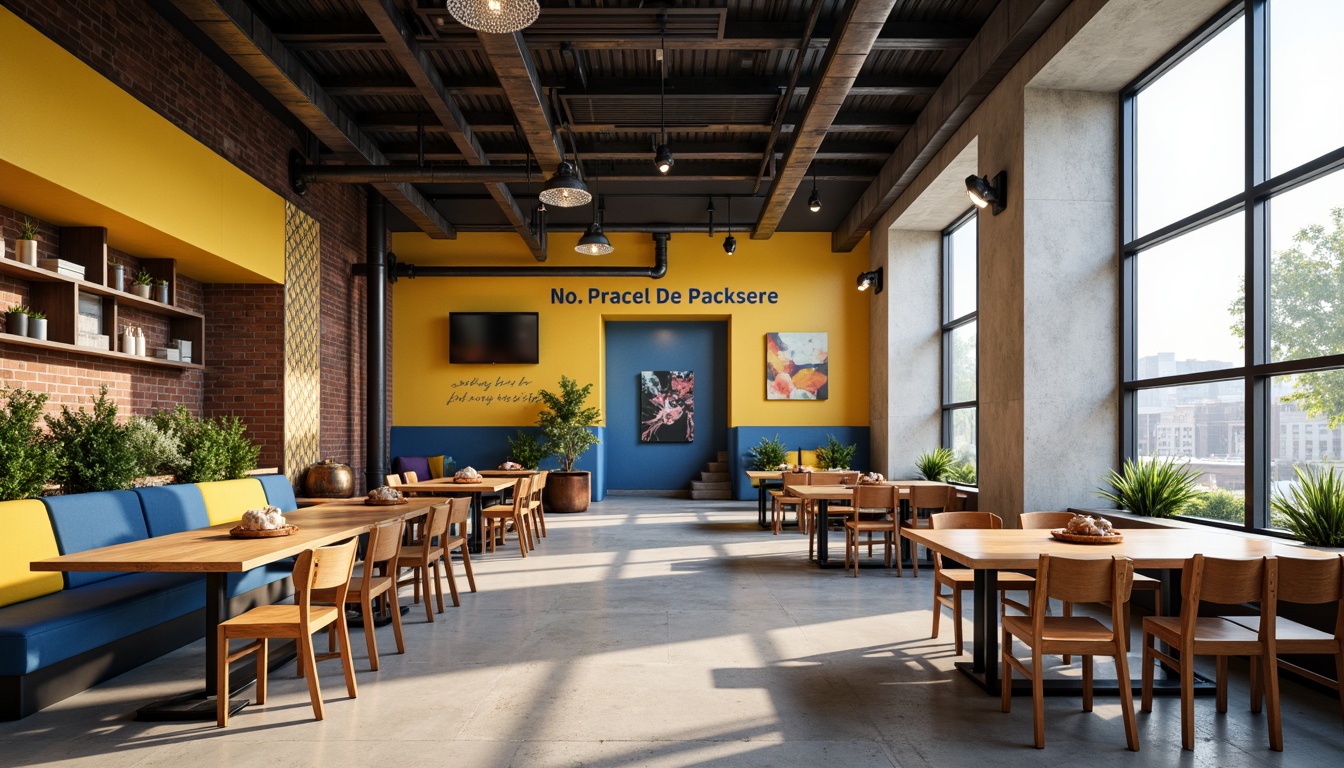 Prompt: Vibrant dining hall, rectangular tables, wooden chairs, industrial lighting fixtures, exposed brick walls, polished concrete floors, geometric patterns, primary color accents, bold typography, minimalist decor, functional simplicity, abundant natural light, large windows, urban landscape views, modernist architecture, clean lines, rectangular forms, asymmetrical compositions, warm beige tones, deep blue hues, bright yellow highlights, rich brown textures, soft gradient shadows, 1/1 composition, cinematic lighting.