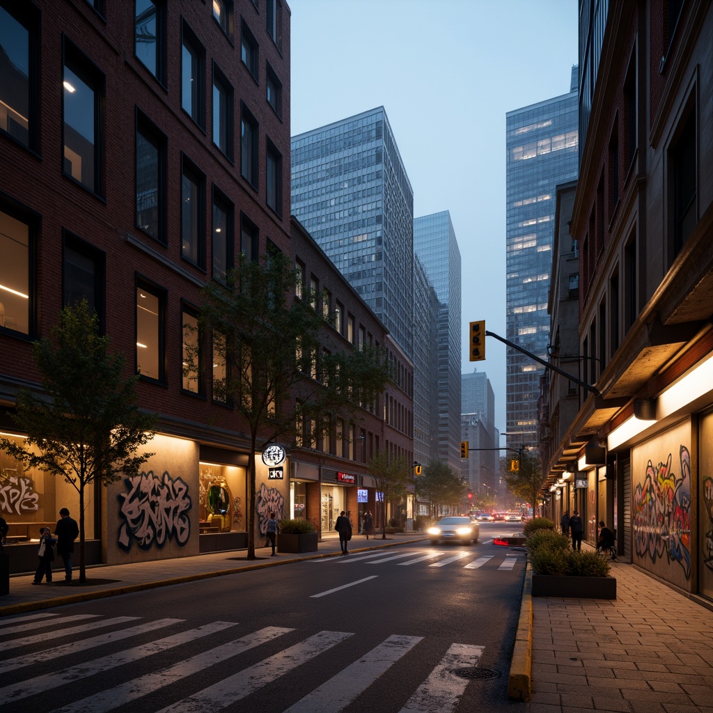 Prompt: Moody urban landscape, industrial architecture, exposed brick walls, metallic accents, neon lights, city streets, urban jungle, concrete textures, graffiti art, street furniture, modern skyscrapers, busy intersections, misty evening atmosphere, warm golden lighting, high contrast ratio, 1/2 composition, cinematic depth of field, realistic reflections, subtle atmospheric effects.