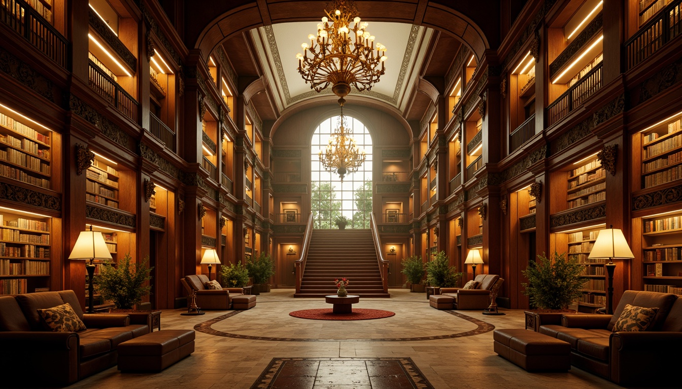 Prompt: Opulent library interior, richly ornamented walls, grandiose chandeliers, intricate carvings, ornate wooden paneling, gilded details, lavish furnishings, velvet drapes, majestic staircases, sweeping arches, high ceilings, marble floors, ornate columns, dramatic lighting, warm golden tones, atmospheric fog, cinematic composition, 1/2 framing, realistic textures, subtle ambient occlusion.